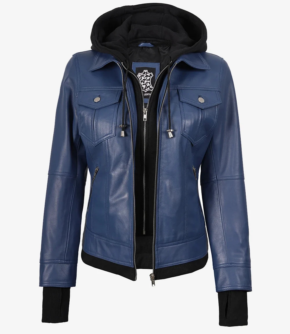 Women's Blue Lambskin Bomber Jacket with Removable Hood