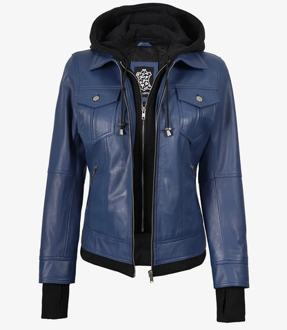 Women's Blue Lambskin Bomber Jacket with Removable Hood