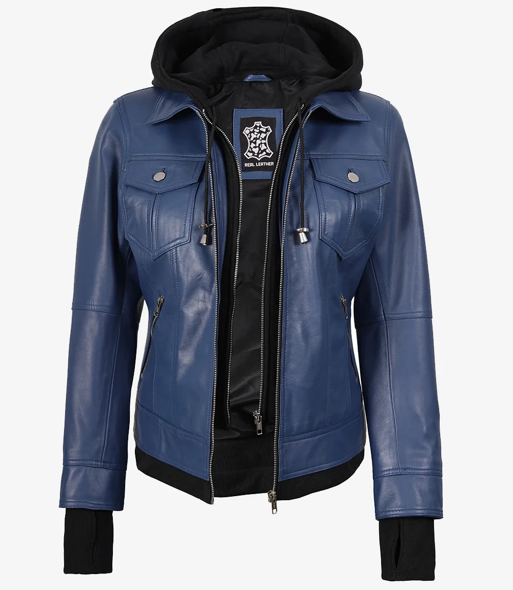 Women's Blue Lambskin Bomber Jacket with Removable Hood