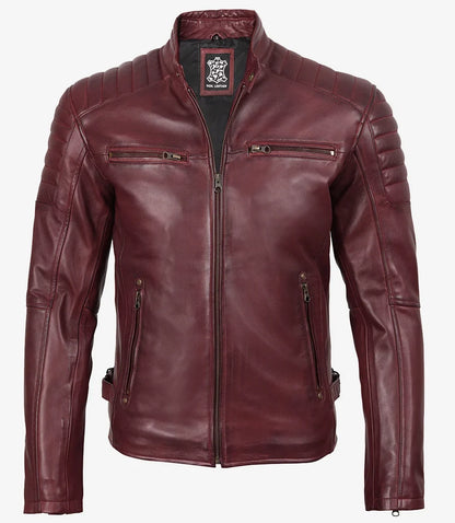 Men's Burgundy Quilted Lambskin Cafe Racer Jacket