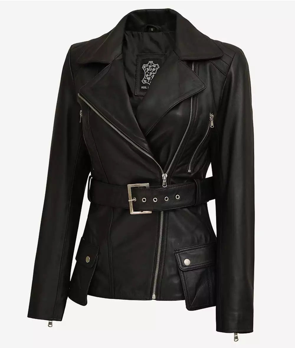 Women's Black Belted Long Biker-Style Leather Jacket