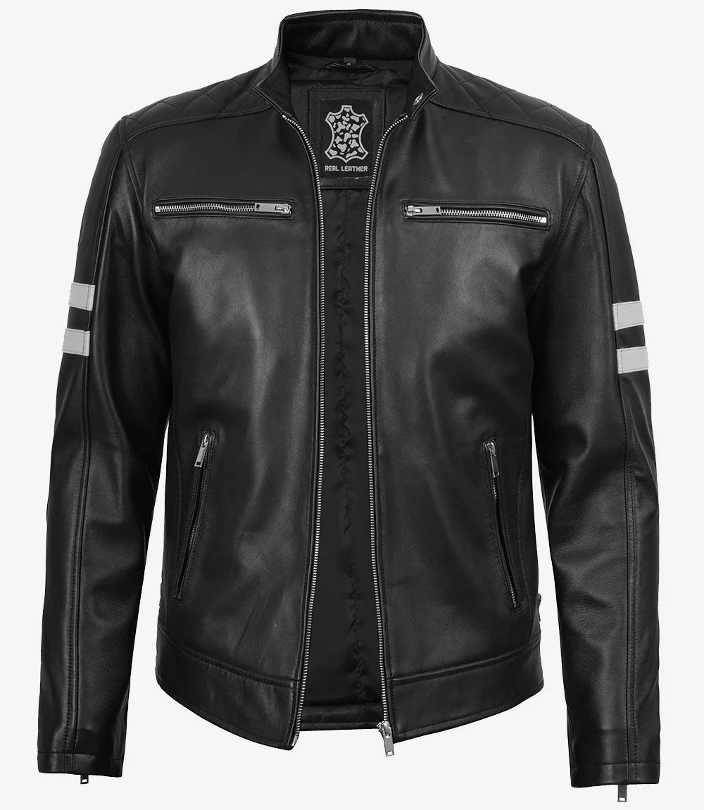 Men's Black Lambskin Cafe Racer Jacket with White Stripes