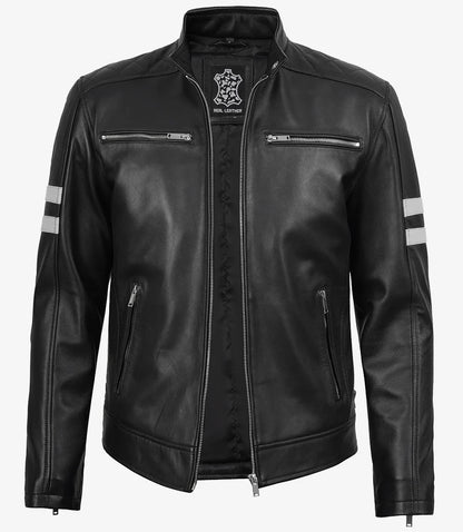 Men's Black Lambskin Cafe Racer Jacket with White Stripes