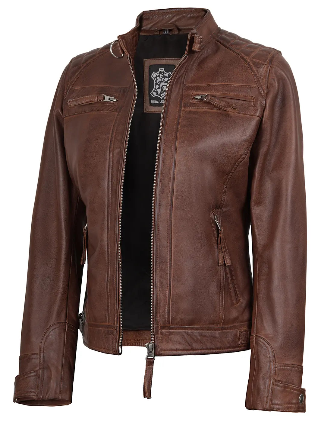 Women's Cognac Brown Leather Cafe Racer Jacket