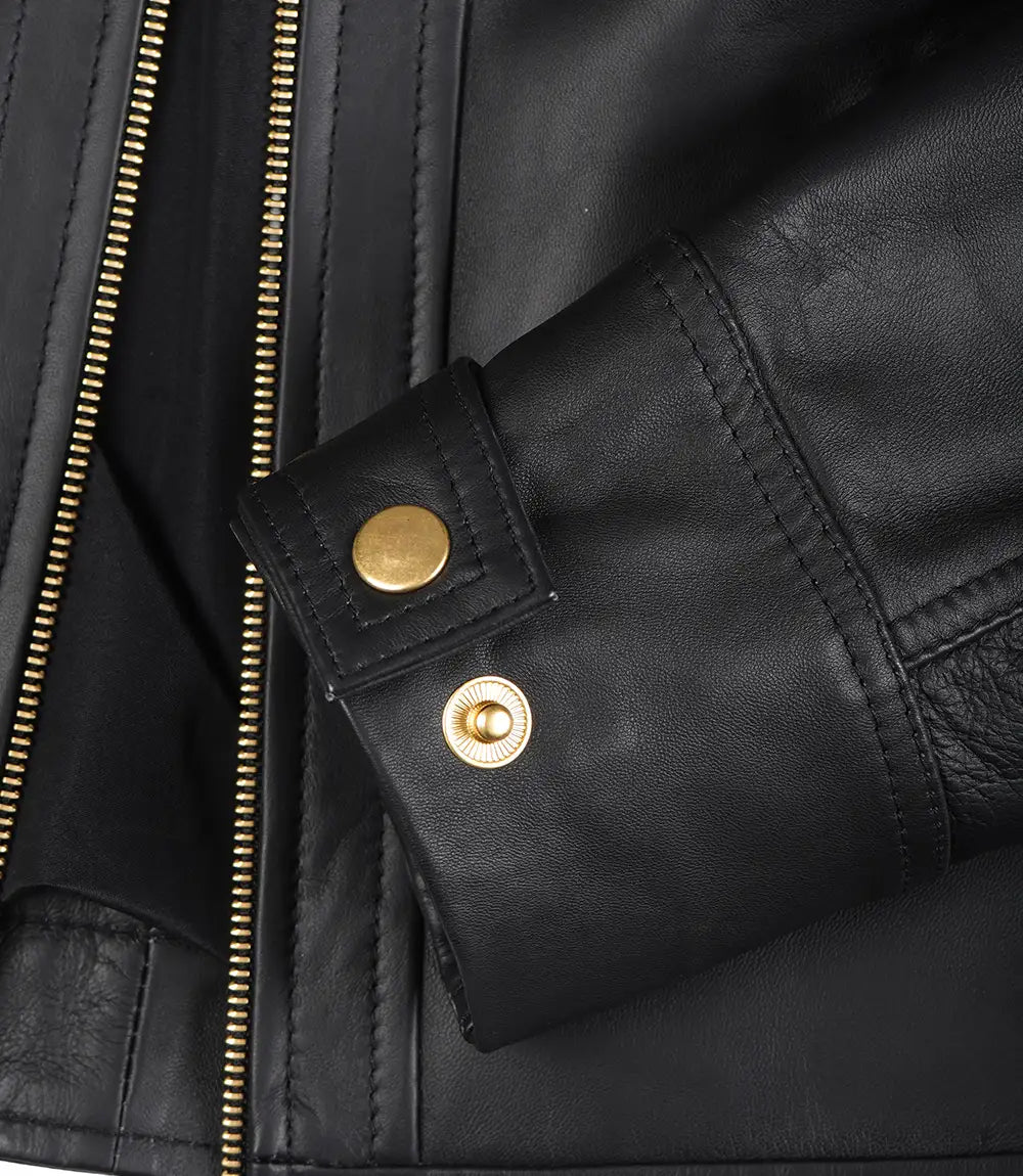 Women's Black Quilted Lambskin Biker Jacket — Gold Zippers & Snap Cuffs