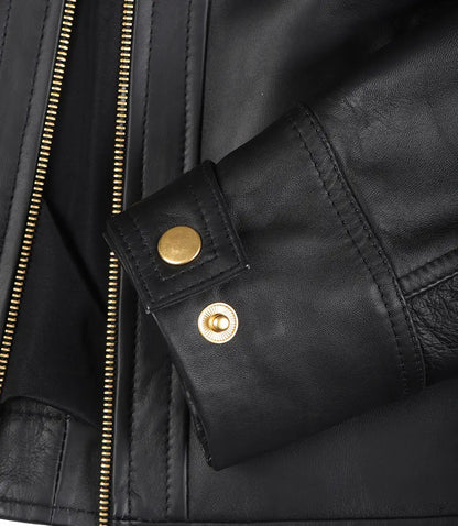 Women's Black Quilted Lambskin Biker Jacket — Gold Zippers & Snap Cuffs