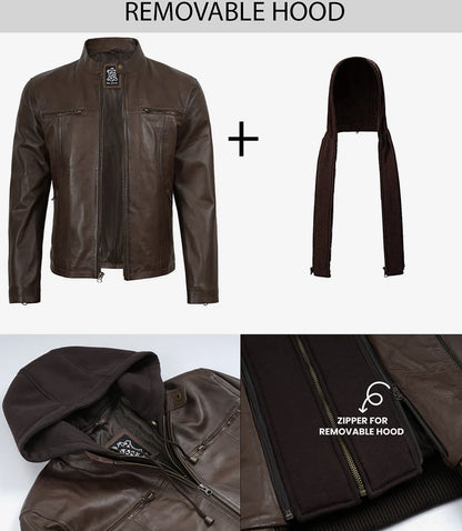 Mens Dark Brown Biker Style Leather Jacket with Hood