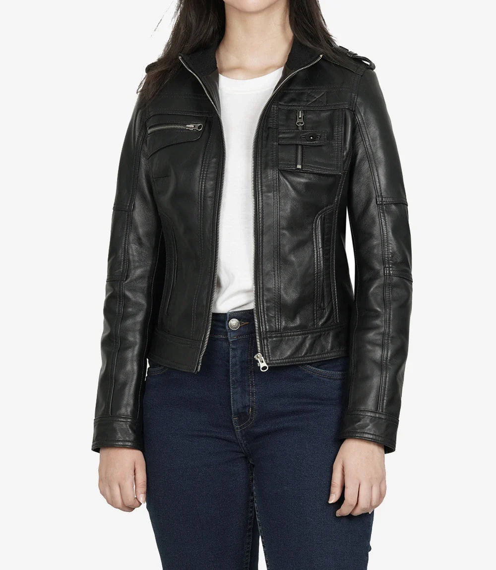 Womens Black Leather Moto Jacket - Classic Biker Style