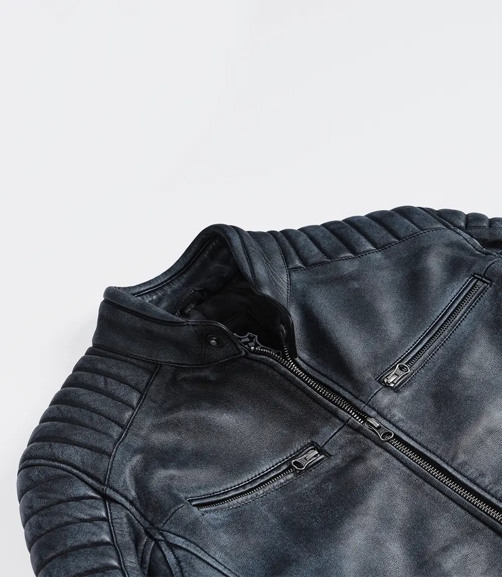 Men’s Black Washed Biker Style Leather Jacket