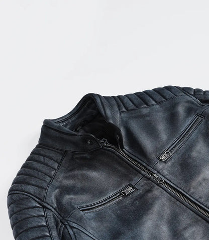 Men’s Black Washed Biker Style Leather Jacket