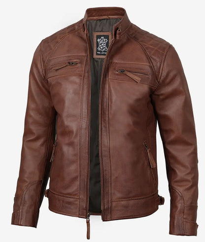 Johnson Mens Tall Cognac Biker Style Quilted Leather Jacket