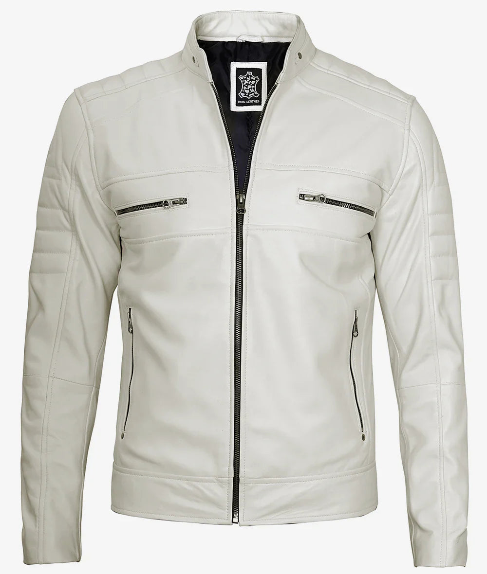 Mens Off White Biker Style Leather Jacket