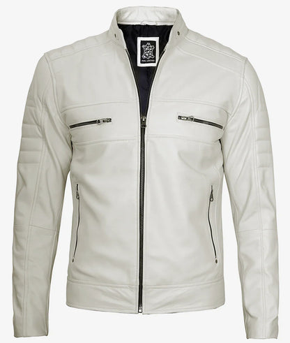 Mens Off White Biker Style Leather Jacket