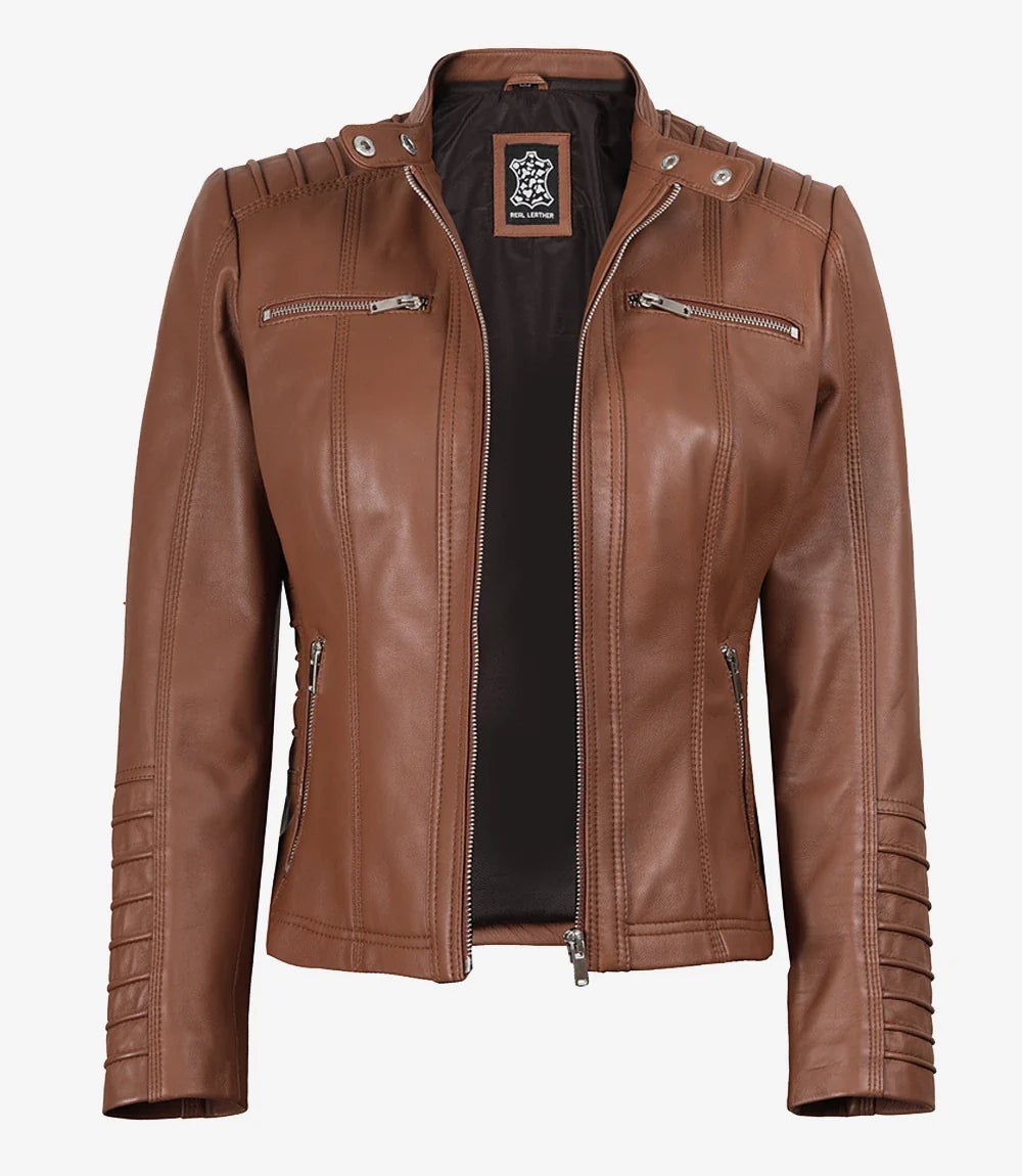 Helen Womens Cognac Leather Jacket with Removable Hood