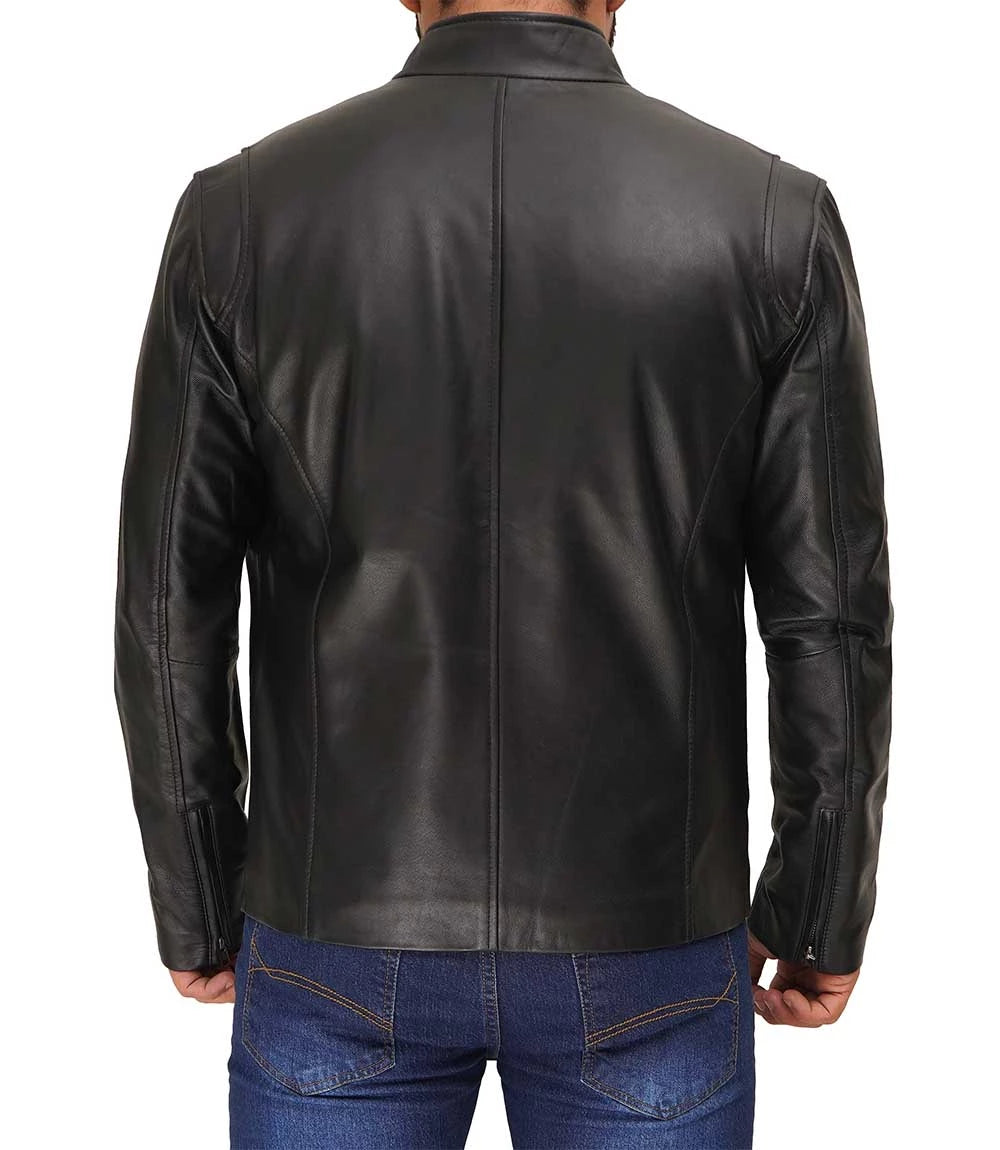 Mens Classic Black Cafe Racer Leather Jacket Max Jackets