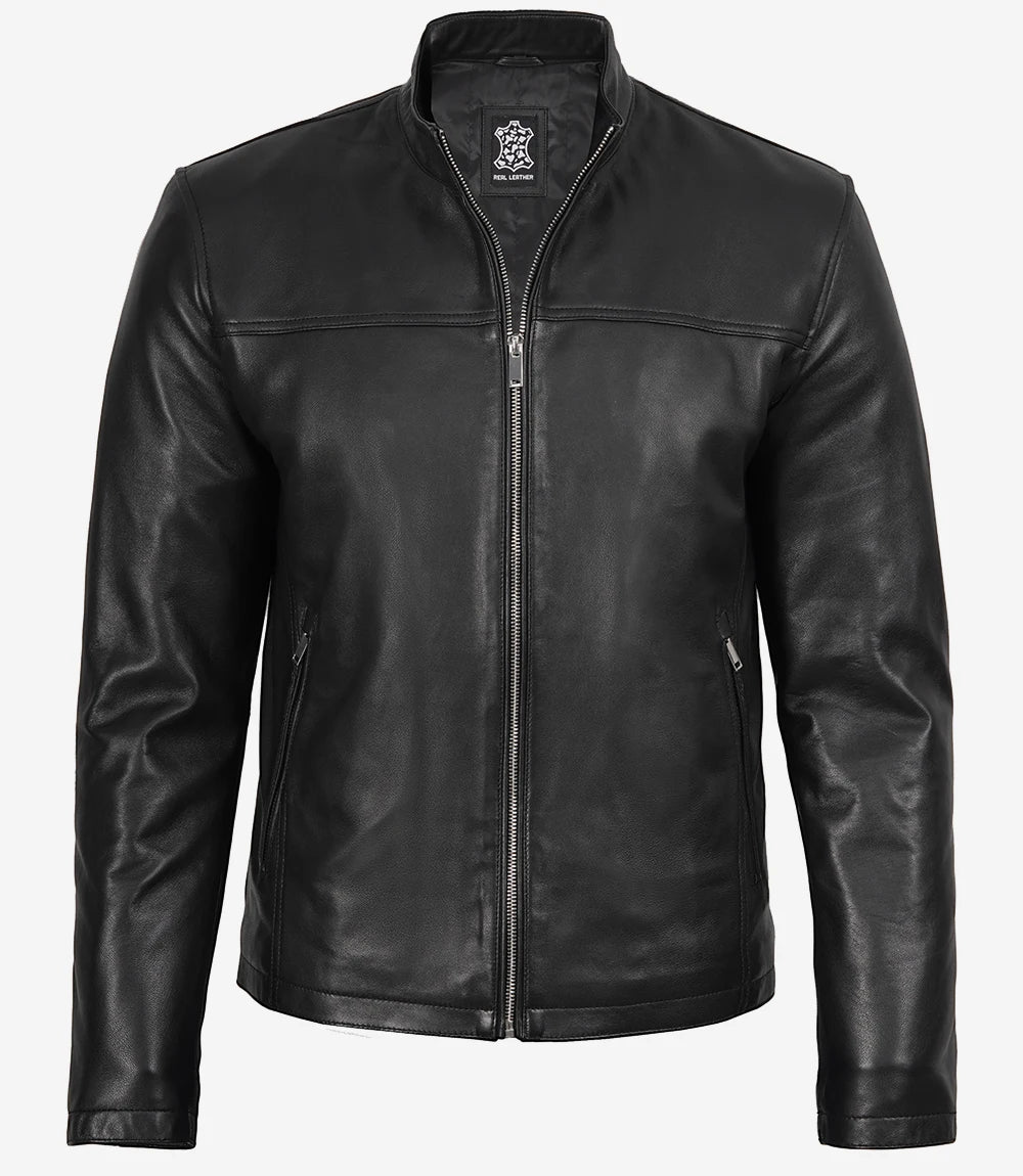 Men's Black Lambskin Cafe Racer Bomber Jacket