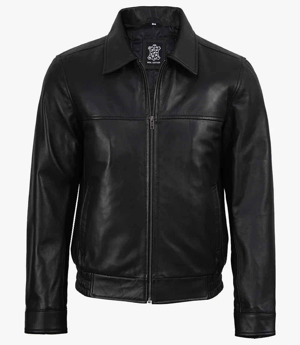 Black Classic Shirt Collar Leather Bomber Jacket for Men