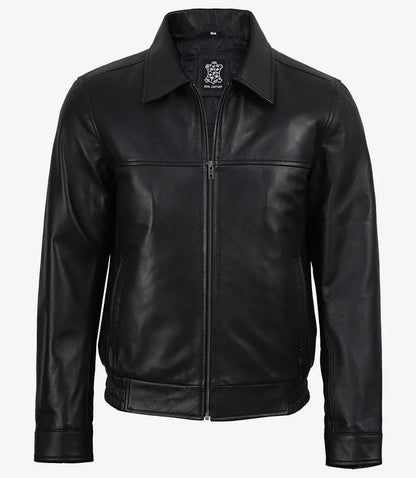 Black Classic Shirt Collar Leather Bomber Jacket for Men