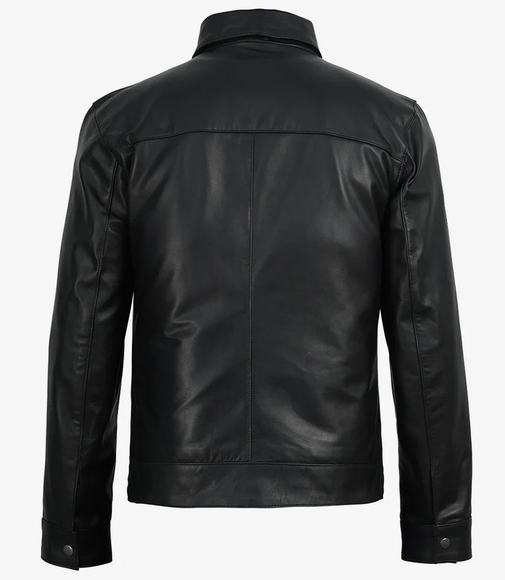 Michael Men's Black Cowhide Leather Jacket with Shirt Collar