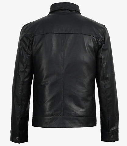 Michael Men's Black Cowhide Leather Jacket with Shirt Collar