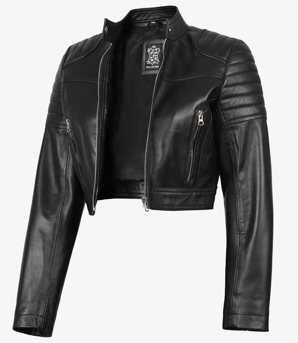 Women's Black Cropped Biker Style Leather Jacket