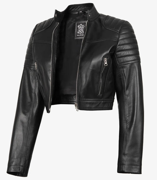 Women's Black Cropped Biker Style Leather Jacket