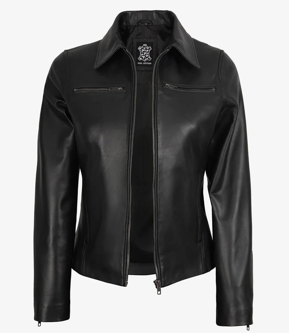 Womens Real Leather Black Harrington Jacket