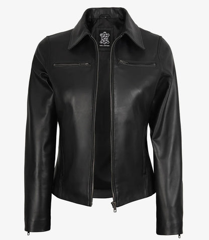 Womens Real Leather Black Harrington Jacket