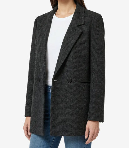 Womens Black Double Breasted Herringbone Wool Blend Blazer