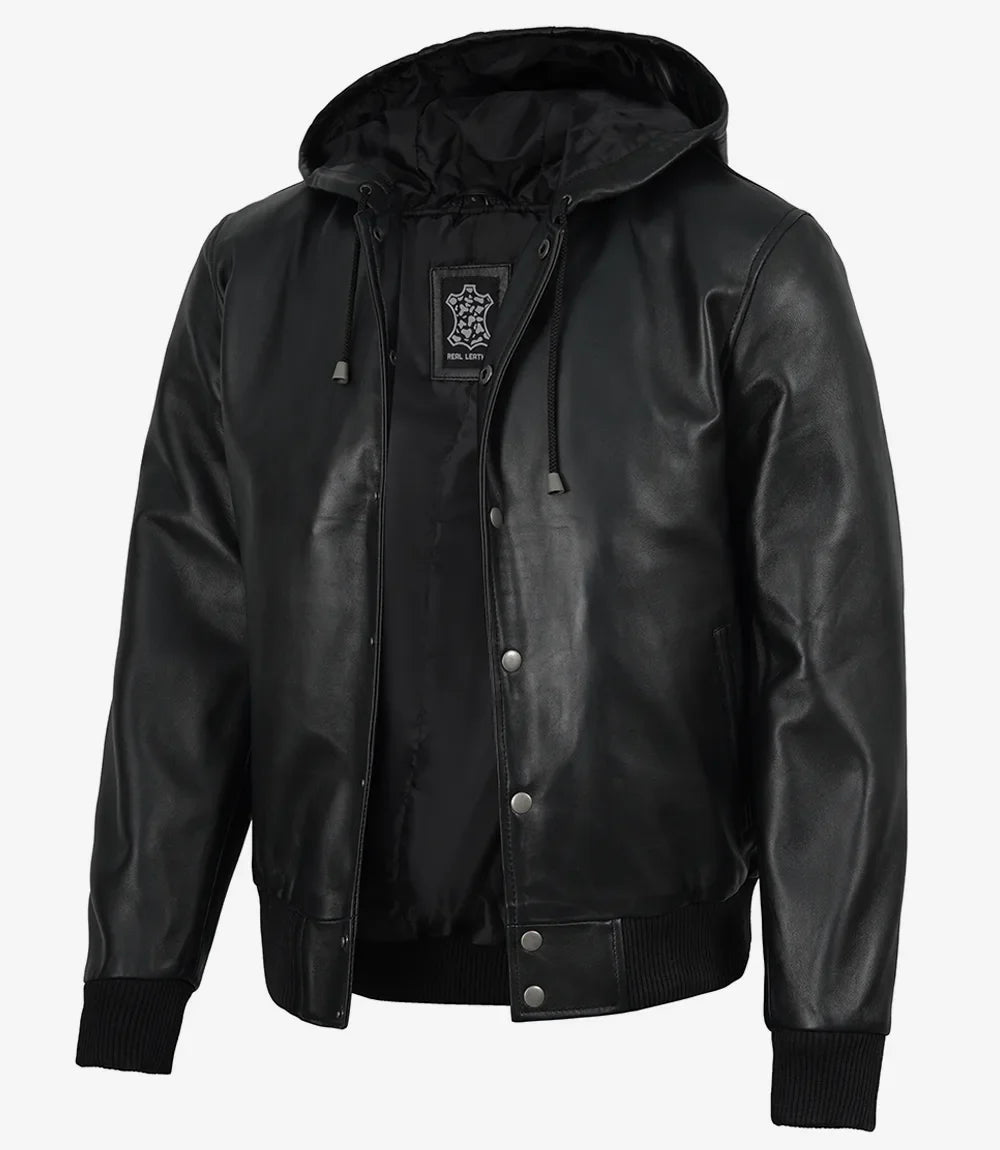 Mens Black Hooded Leather Bomber Jacket - Letterman Style