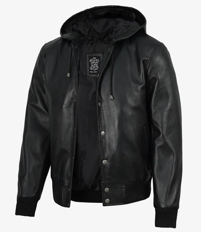 Mens Black Hooded Leather Bomber Jacket - Letterman Style
