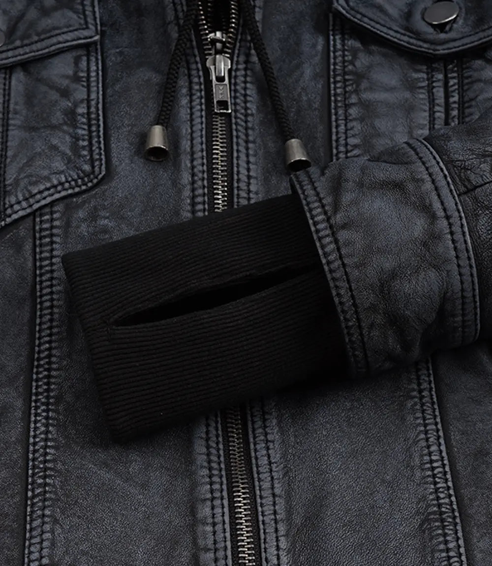 Women's Washed Black Lambskin Bomber Jacket with Removable Hood
