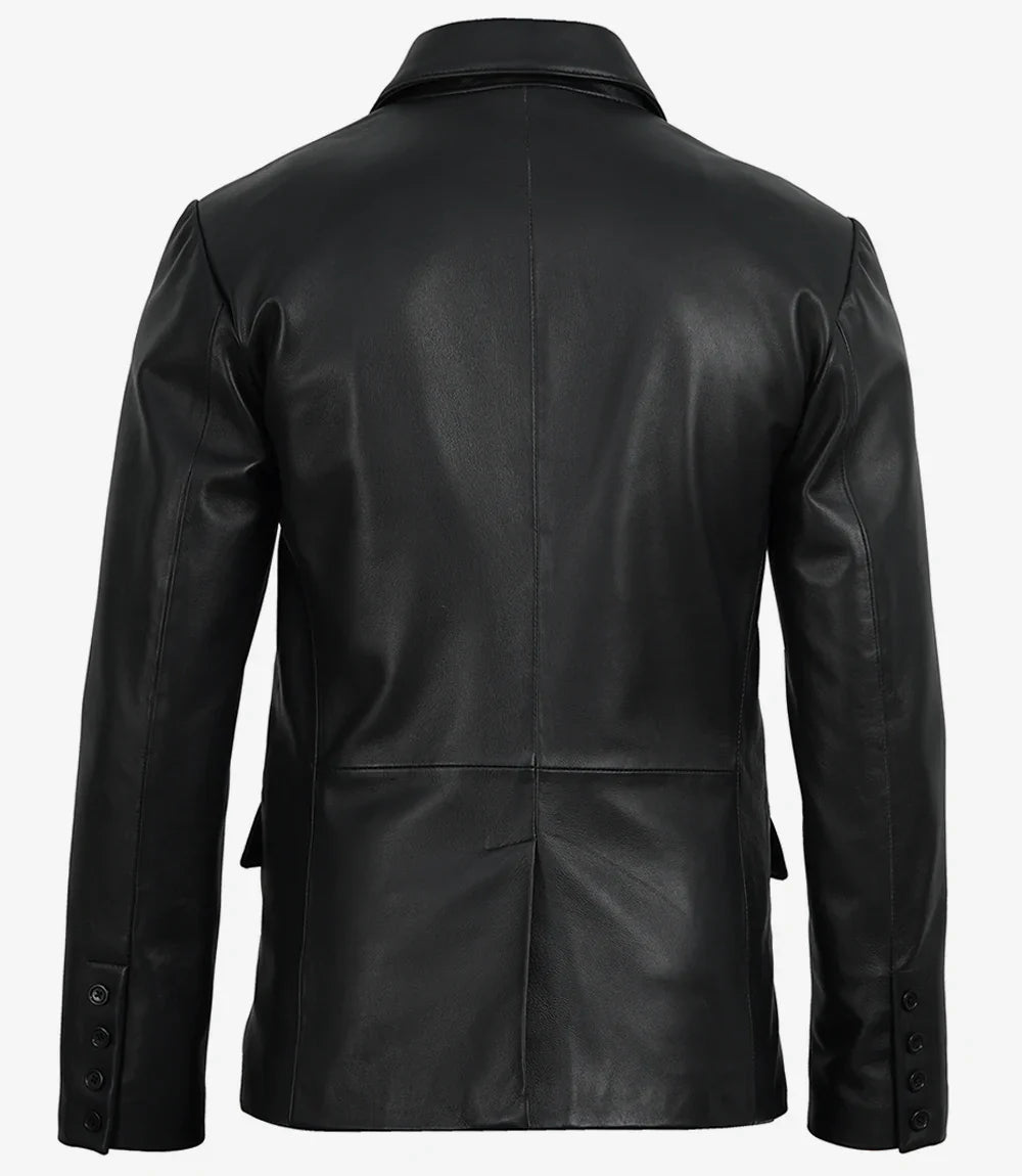 Cedric Men’s Black Lambskin Leather Blazer – Peak Lapel Tailored Fit