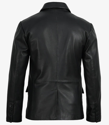 Cedric Men’s Black Lambskin Leather Blazer – Peak Lapel Tailored Fit