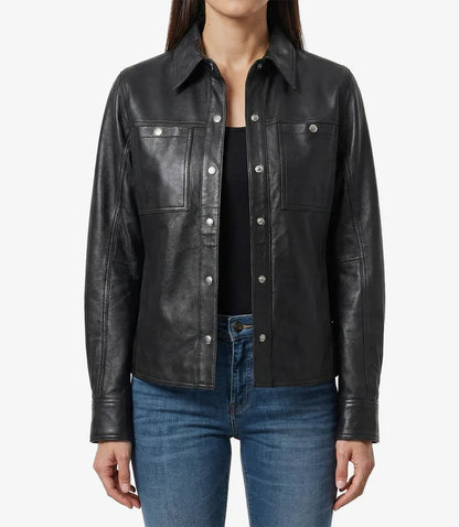 Women’s Minimalist Black Lambskin Leather Shacket – Snap-Button Closure