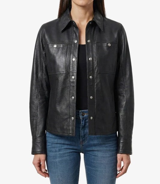 Women’s Minimalist Black Lambskin Leather Shacket – Snap-Button Closure