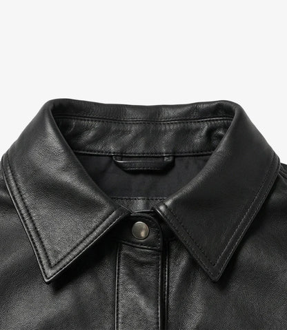 Women’s Minimalist Black Lambskin Leather Shacket – Snap-Button Closure