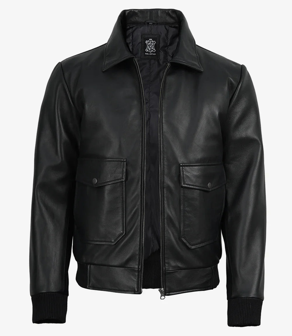 Men's Black Leather Aviator Jacket with Detachable Faux Shearling Collar