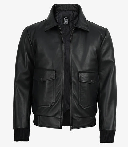 Men's Black Leather Aviator Jacket with Detachable Faux Shearling Collar