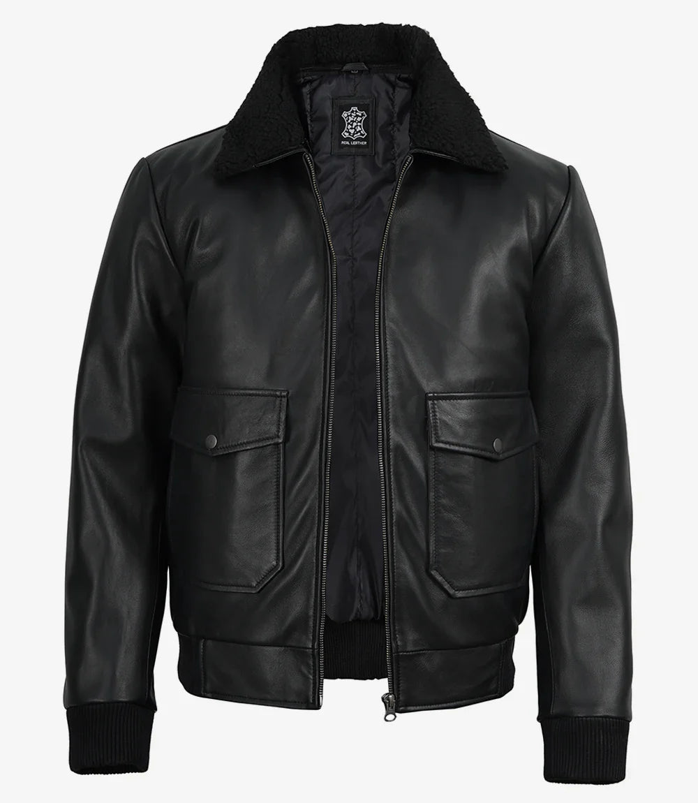 Men's Black Leather Aviator Jacket with Detachable Faux Shearling Collar