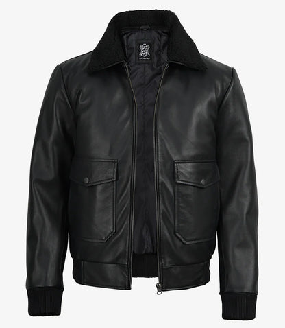 Men's Black Leather Aviator Jacket with Detachable Faux Shearling Collar