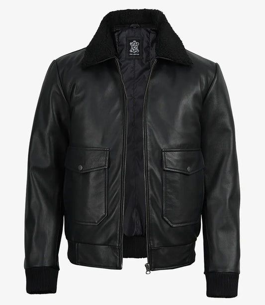 Men's Black Leather Aviator Jacket with Detachable Faux Shearling Collar
