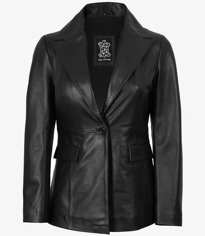 Women's Black Lambskin Single-Button Notch Lapel Blazer