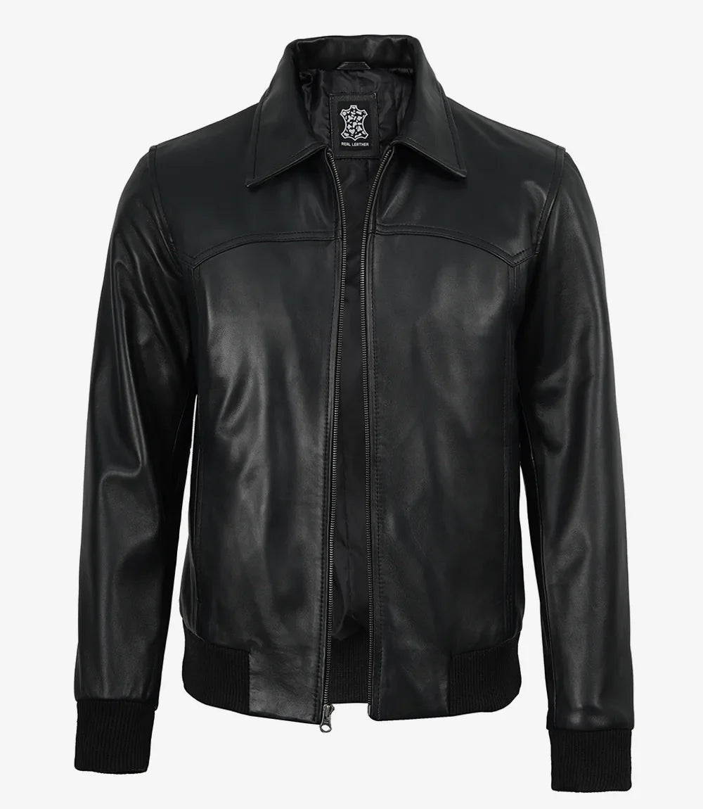 Men’s Premium Black Leather Bomber Jacket – Classic Shirt Collar