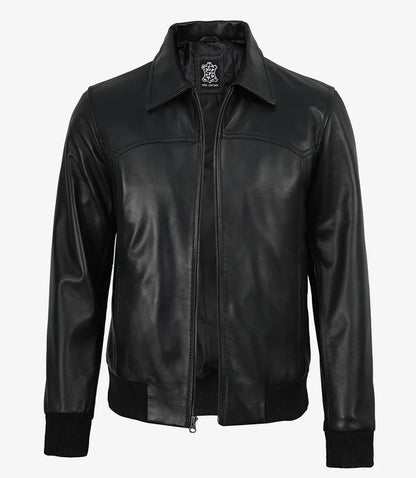 Men’s Premium Black Leather Bomber Jacket – Classic Shirt Collar