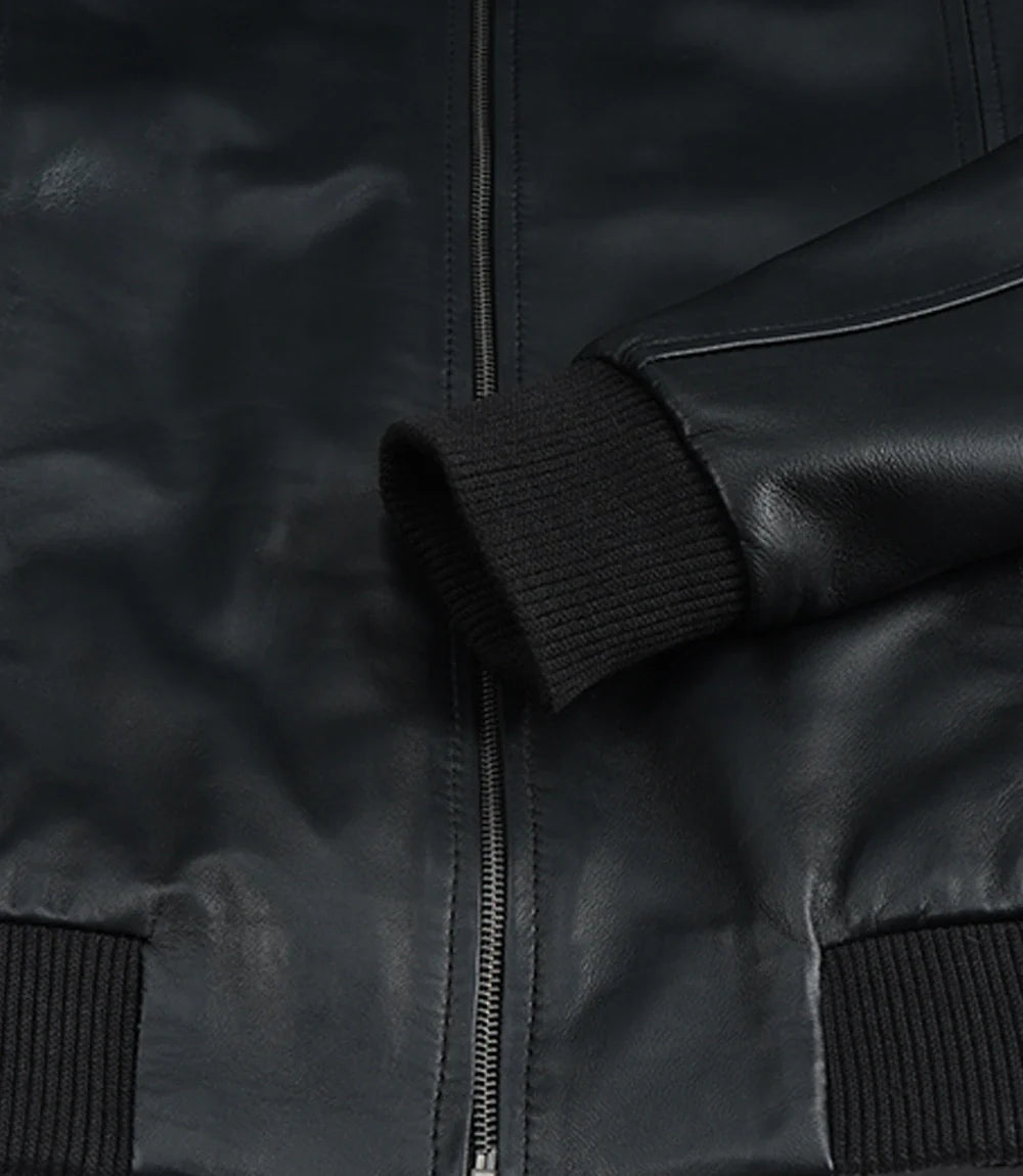 Men’s Premium Black Leather Bomber Jacket – Classic Shirt Collar
