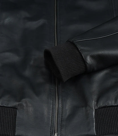 Men’s Premium Black Leather Bomber Jacket – Classic Shirt Collar