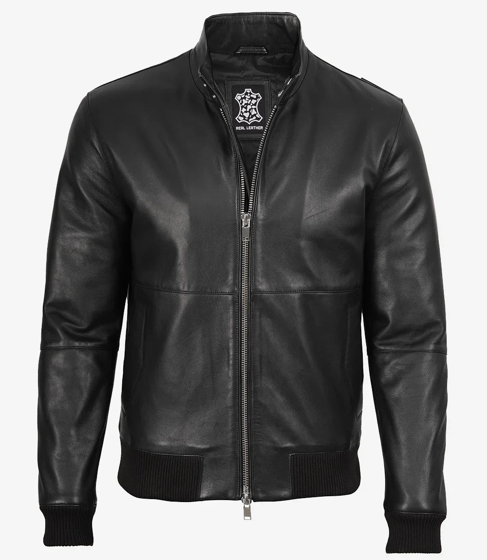Men's Black Semi-Aniline Lambskin Leather Bomber Jacket