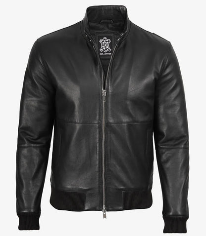 Men's Black Semi-Aniline Lambskin Leather Bomber Jacket