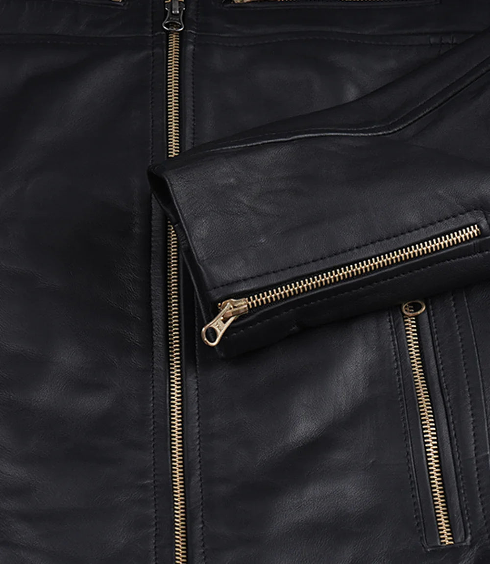 Women's Matte Black Leather Cafe Racer Jacket with Gold Zippers